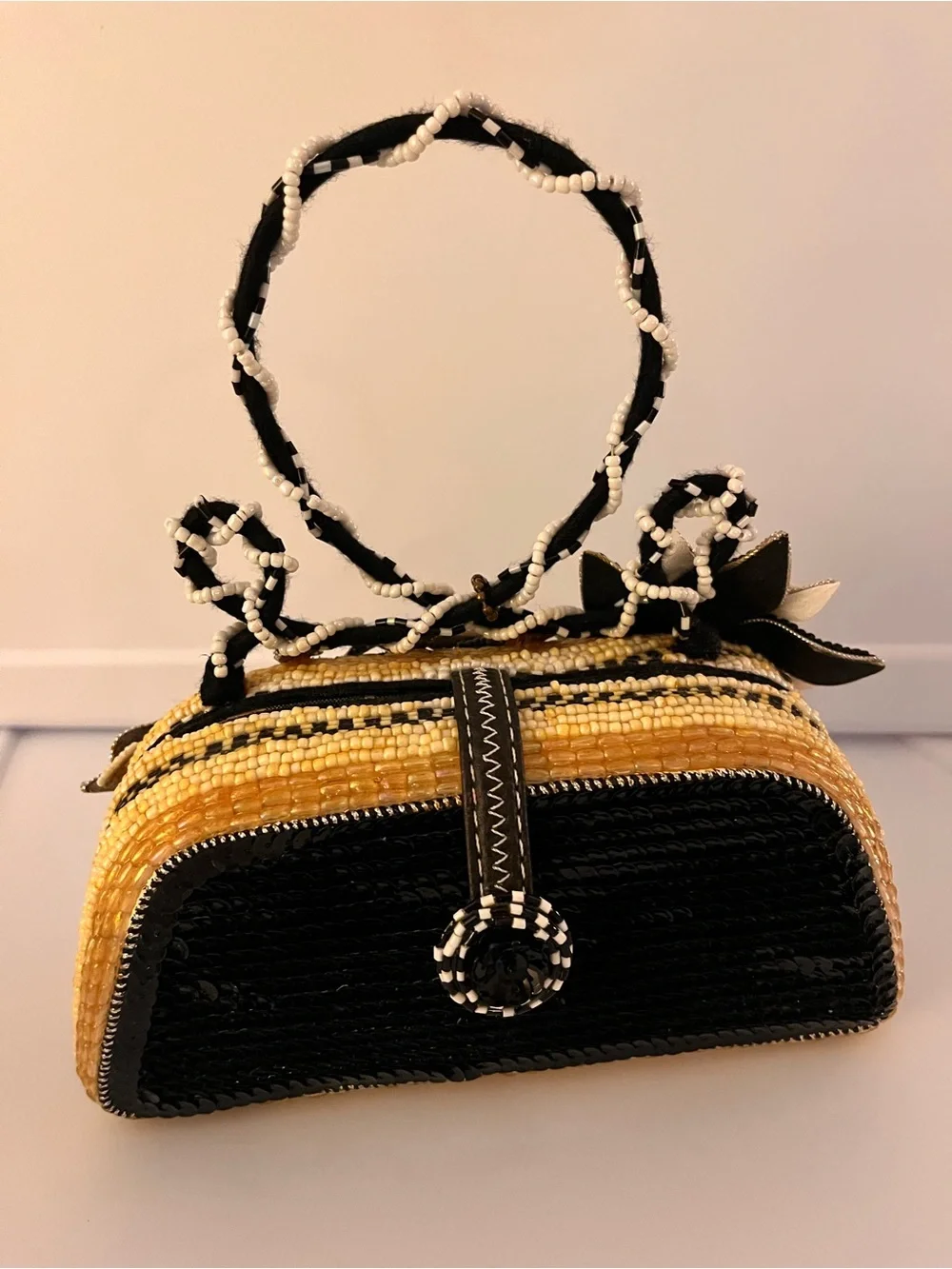 Mary Frances Beaded Floral Evening Clutch in Black & Gold